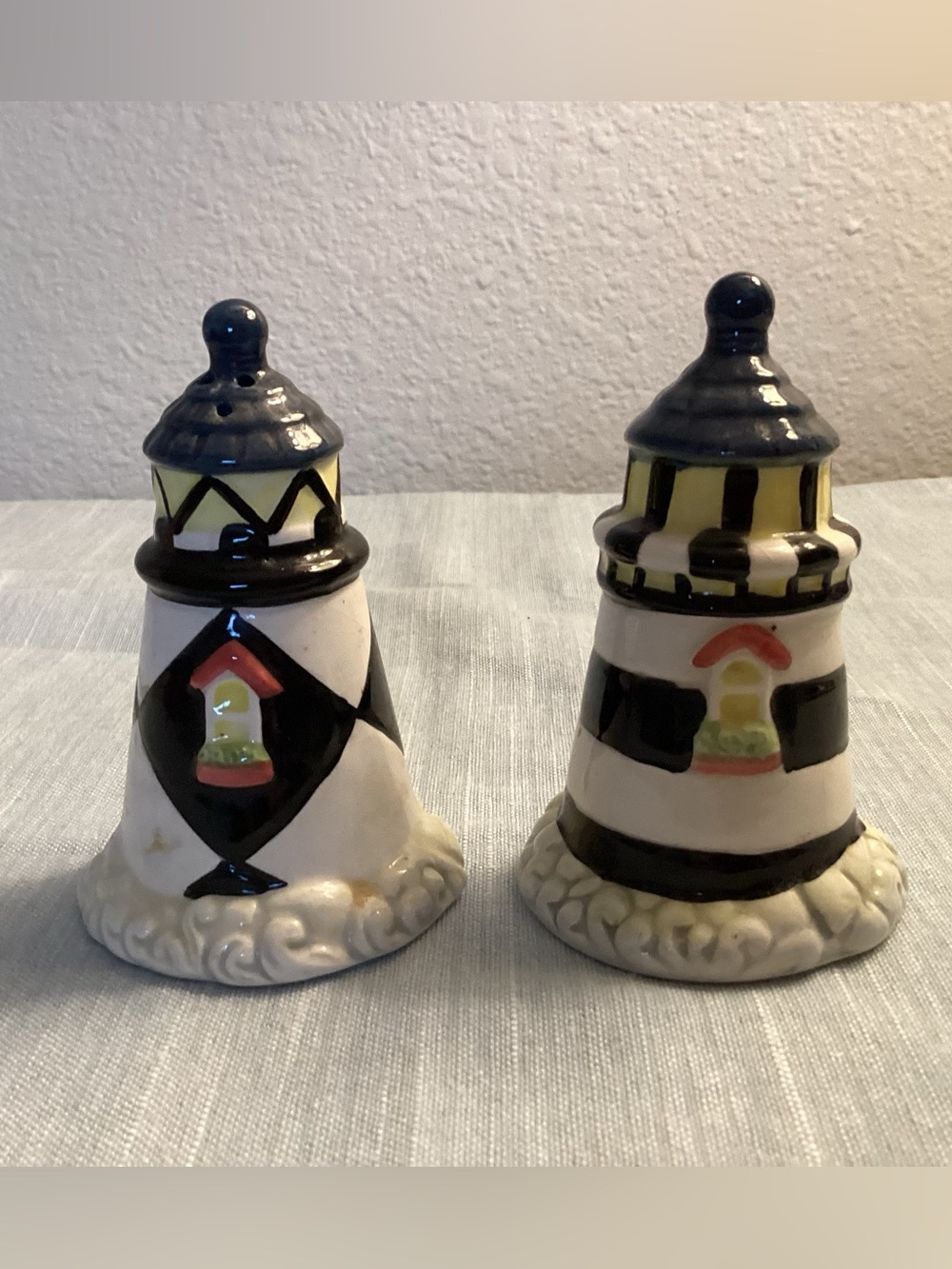 Cracker Barrel Black, White & Yellow Ceramic Lighthouse Shakers